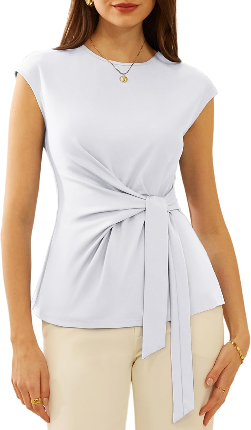 GRACE KARIN - Tie Waist Crew Neck Elegant Blouse Dressy Casual Work Business