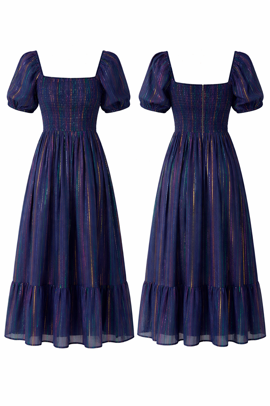 Scamp & Dude - Washed Navy with Rainbow Lurex Shirred Midi Dress