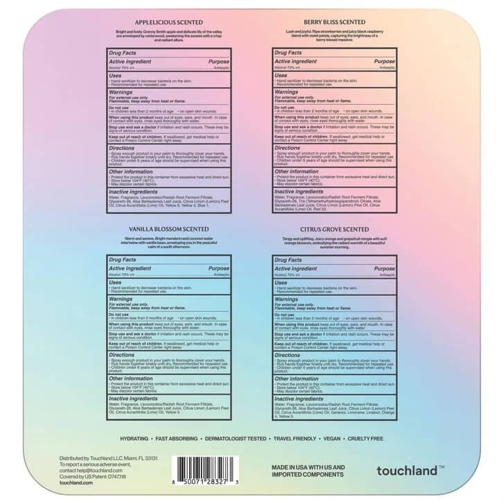 TOUCHLAND - PAQUETE DE 4 SANITIZADORES HIDRATANTES DE MANOS