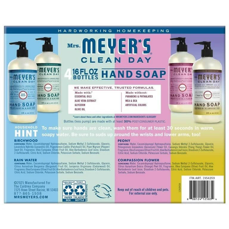 MRS. MEYERS CLEAN DAY-HAND SOAP (PAQUETE DE 4 JABONES LÍQUIDOS PARA MANOS)