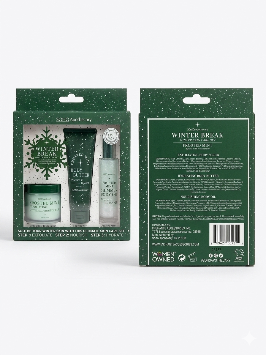 SOHO APOTHECARY - SET PARA EL CUIDADO DE LA PIEL (EXFOLIANTE, MANTECA PARA LA PIEL, ACEITE CORPORAL)