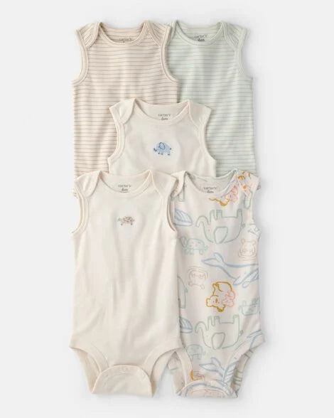 CARTER’S BABY - PAÑALEROS MANGA CORTA (PAQUETE DE 5 BODYS CON DISEÑO DE ANIMALES COLORES CREMA)