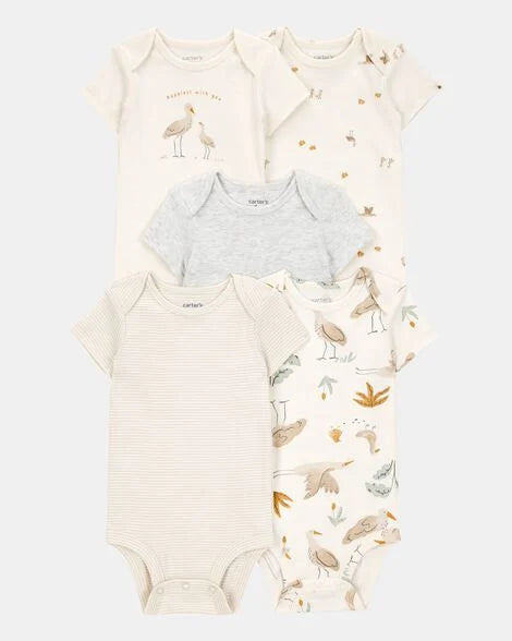 CARTER’S BABY - PAÑALEROS DE MANGA CORTA CON DISEÑO DE AVES (5 PIEZAS PARA BEBÉ PREMATURO:COLORES CREMA)