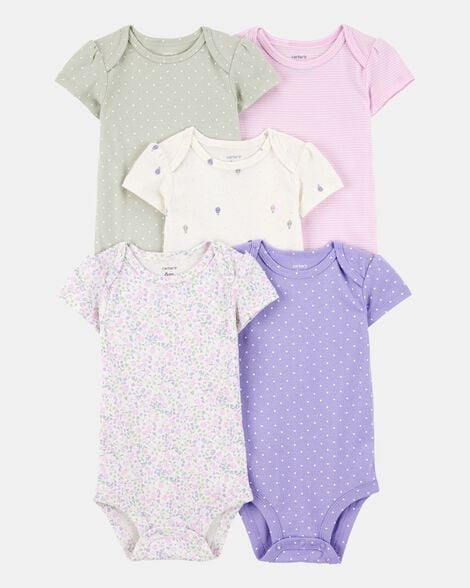 CARTER’S BABY - PAÑALEROS DE MANGA CORTA CON DISEÑO FLORAL Y PUNTOS DE COLORES (5 PIEZAS PARA RECIÉN NACIDA:COLORES PRIMAVERALES)
