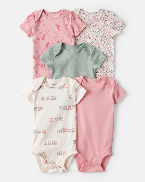 CARTER’S BABY - PAÑALEROS MANGA CORTA CON DISEÑO PRIMAVERAL (5 PIEZAS PARA BEBÉ NIÑA:COLORES PASTELES)