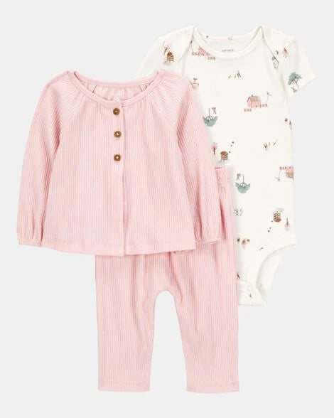 CARTER’S BABY - CONJUNTO DE CARDIGAN PEQUEÑO CON DISEÑO DE GRANERO (3 PIEZAS PARA BEBÉ NIÑA:COLOR ROSA/BLANCO)