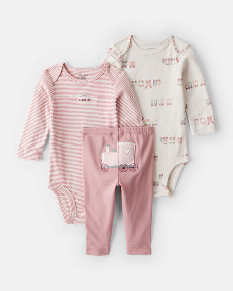 CARTER’S BABY - CONJUNTO DE PAÑALERO Y PANTALÓN DE MANGA LARGA CON DISEÑO DE TREN (3 PIEZAS PARA NIÑA:COLOR ROSADO)