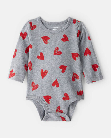 CARTER’S BABY - PAÑALERO DE MANGA LARGA CON DISEÑO DE CORAZONES (1 PIEZA PARA BEBÉ NIÑA:COLOR GRIS)