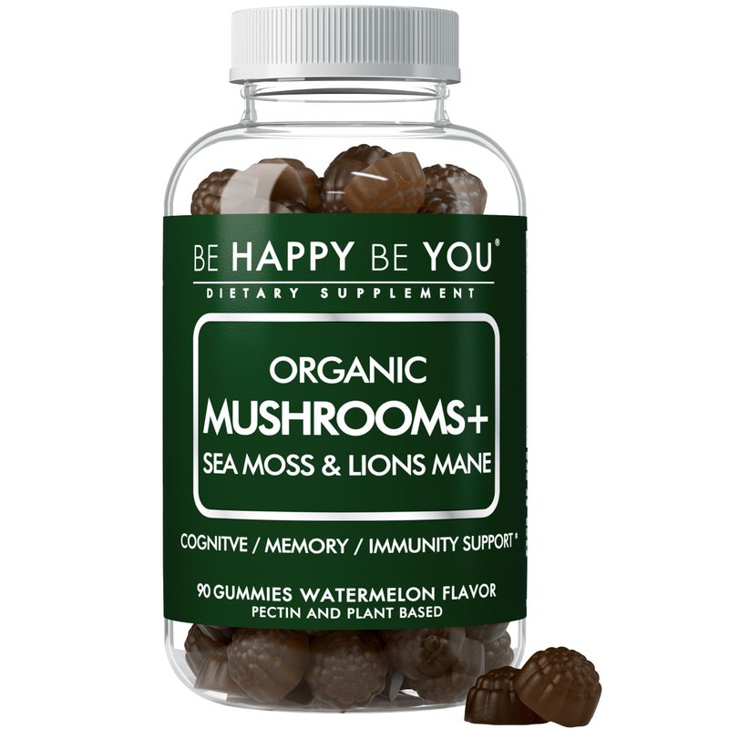 Be Happy Be You Organic Mushroom Sea Moss Gummies – Lion’s Mane, Reishi, Chaga, Cordyceps, Coriolus & Irish Moss – Cognitive & Immune Support – Vegan, Gelatin-Free, Pectin-Based – Watermelon – 90 Ct
